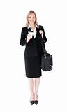 Smiling blond businesswoman holding coffee and a briefcase