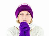 Freezed woman wearing cap and gloves