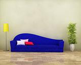 Blue sofa with cushions, parquet, plant and lamp