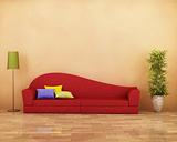 Red sofa with cushions, parquet, plant and lamp