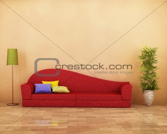 Red sofa with cushions, parquet, plant and lamp