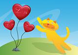 Cat and Three Love Ballon Illustration in Vector