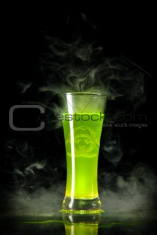 Green radioactive alcohol with biohazard symbol inside 