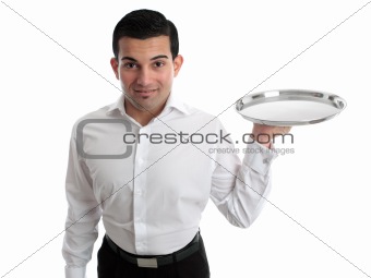 Waiter or bartender holding a silver tray