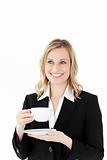 Charming businesswoman with cup of coffee