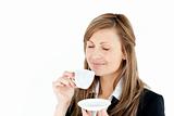 Caucasian blond businesswoman enjoy her coffee 