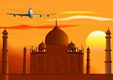 Vector Taj Mahal, sunset, jet.