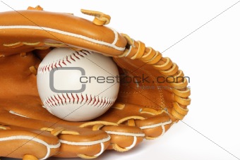 Baseball catcher mitt with ball on white background