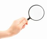 Woman hand holding magnifying glass isolated