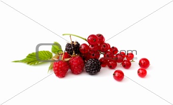 Berry mixed pile with green leaves