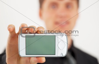 Man shows LCD screen mobile phone