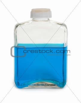Bottle filled with blue chemical solution