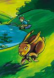Illustration boy fishing and rabbit