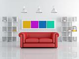 red leathe sofa in a white living room