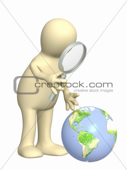 Puppet with a magnifier and Earth