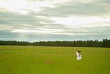 Little girl in dress runs on meadow