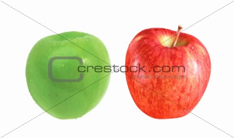 green and red apples with water drops isolated on white