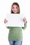 Smiling young beautiful girl  holding blank white board