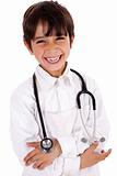 Little cacasian boy wearing doctor coat