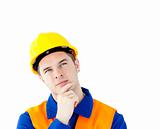 Pensive white collar worker with a hardhat 