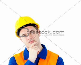Pensive white collar worker with a hardhat 