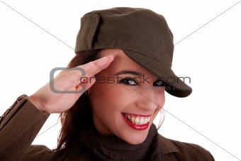 happy woman army soldier saluting