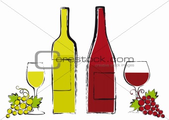 wine bottles with glasses and grapes