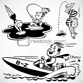 Vector Vintage Fishing and Swimming