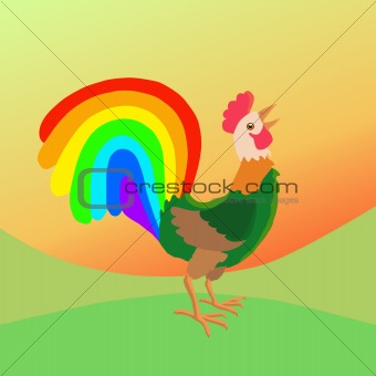 Rooster with rainbow tail
