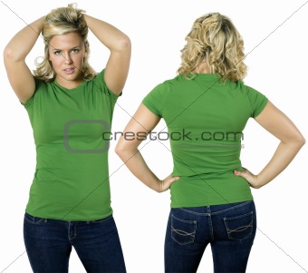 Blond female with blank green shirt