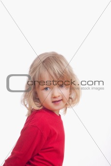 portrait of a boy in red with long blond hair - isolated on white