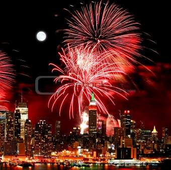 The New York City skyline and fireworks