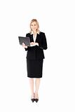 Self-assured woman using her laptop standing