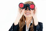 Animated businesswoman looking through binoculars 