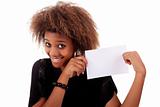 beautiful black woman person with blank business card in hand