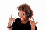 beautiful black woman listening music in headphones