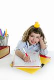 little girl happy student on desk writing