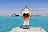Yoga woman relax tropical sea Formentera Balearic