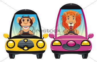 Animals in the car: Monkey and Lion.