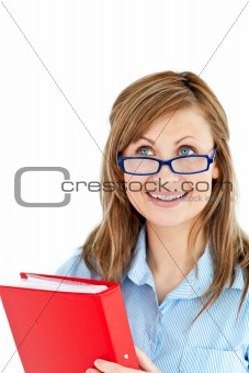 Charming young woman holding a red folder