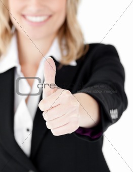 Close-up of a caucasian businesswoman with thumb up 