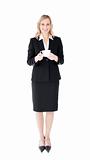 portrait of a business woman in suit holding a cup of coffee