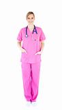 Positive young female surgeon wearing scrubs 