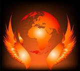 Wing with Globe in fire style. Vector