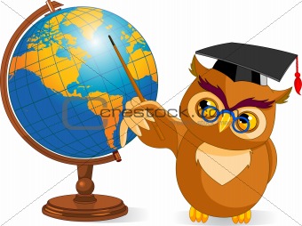 Cartoon Wise Owl with world globe