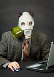 Amusing person has dressed gas mask and works with computer