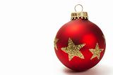 red dull christmas ball with golden glitter stars