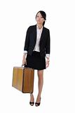 Single business girl holding old traveling case