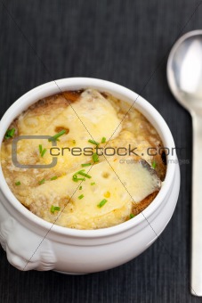 onion soup scalloped with cheese in a soup pot