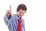 small businessman, raising his hand with a finger in the air